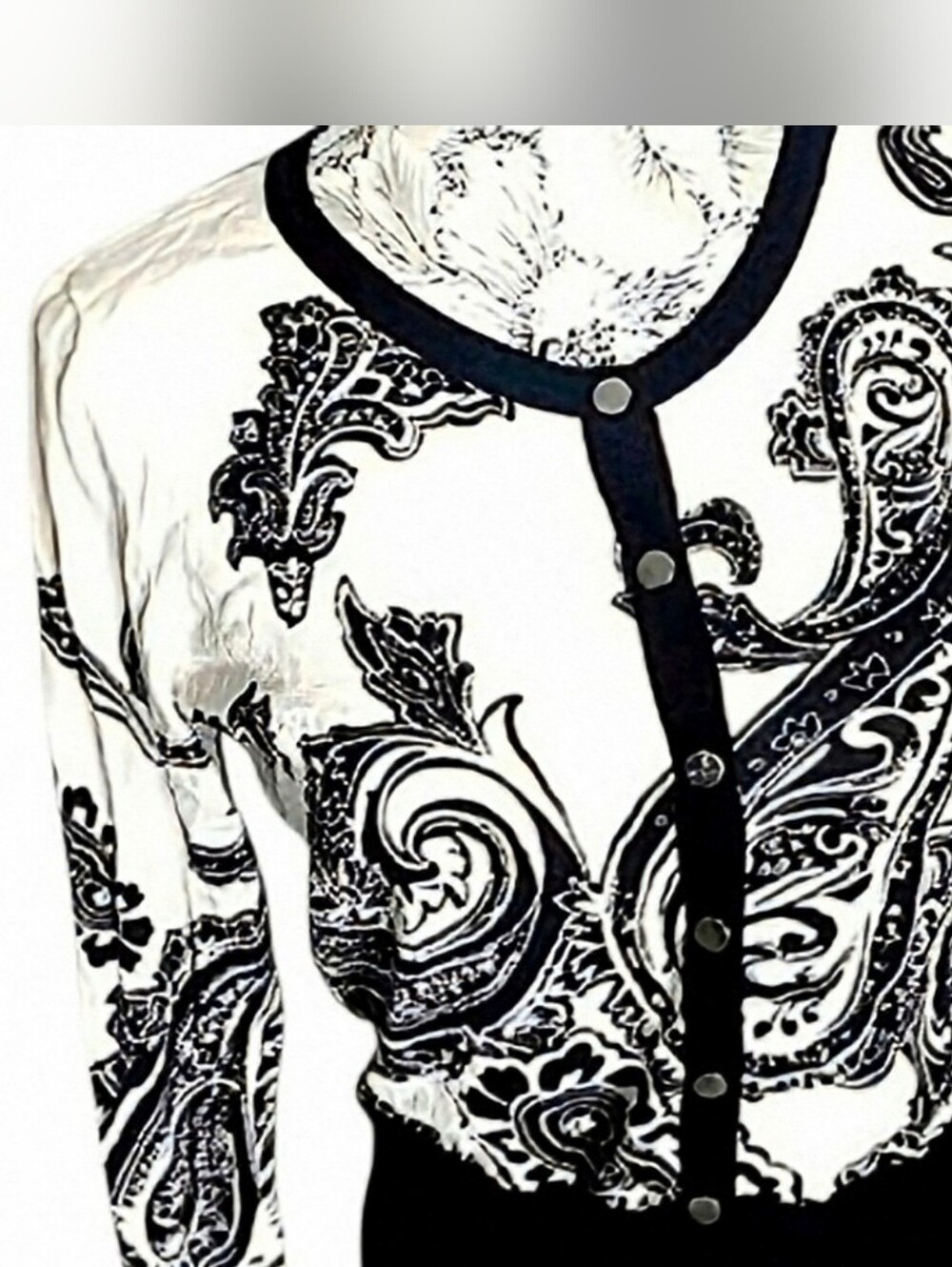 WHBM White Black Paisley Print Snap Front Cardigan Sz. M